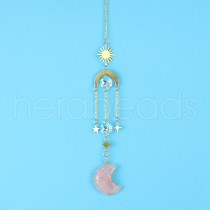 Rose Quartz Moon Sun Catcher Hanging Ornaments HJEW-PW0002-11C-1