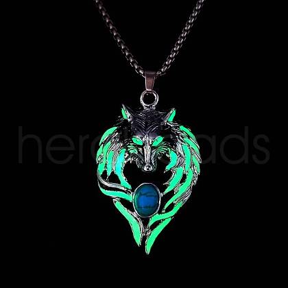 Luminous Glow In The Dark Enamel Wolf Pendant Necklace with Synthetic Turquoise Beaded LUMI-PW0006-66B-1