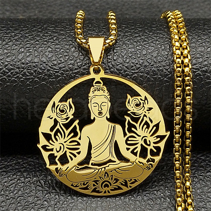 304 Stainless Steel Hollow Buddha Yoga Flower Pendant Necklaces for Women NJEW-K283-06G-1