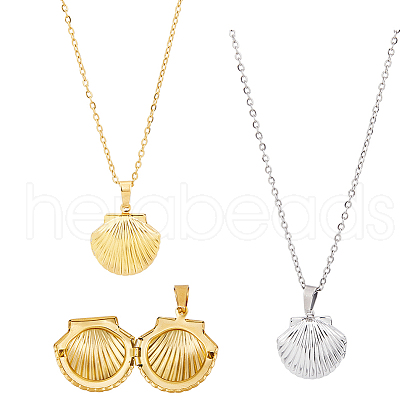 FIBLOOM 2Pcs 2 Colors Stainless Steel Shell Shape Locket Pendant Necklaces Set NJEW-FI0001-28-1