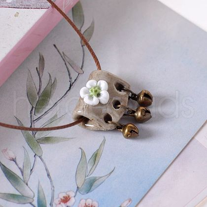 Porcelain Flower Alloy Bell Pendant Waxed Cord Necklaces for Women FS-WG870A5-02-1