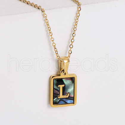 304 Stainless Steel Pave Natural Paua Shell Rectangle Initial Pendant Necklaces for Women FS-WG38E89-12-1