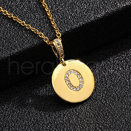 Brass Micro Pave Clear Cubic Zirconia Flat Round with Letter Pendant Necklaces FS-WG00655-15-1