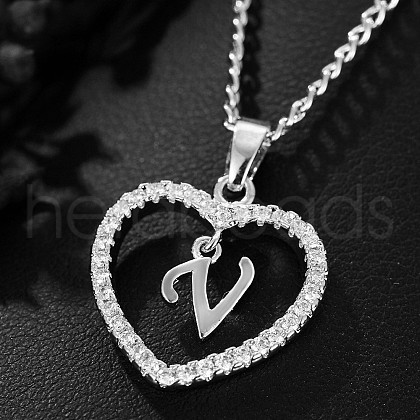 Brass Micro Pave Clear Cubic Zirconia Hollow Heart with Initial Pendant Necklaces WG4069A-03-1
