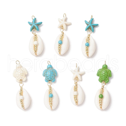 7Pcs 7 Styles Natural Cowrie Shell & Starfish Turtle Dyed Synthetic Turquoise Pendants PALLOY-JF03935-01-1