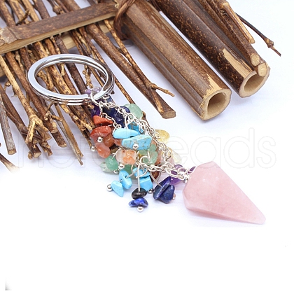 Natural Rose Quartz Cone Charm Keychain G-PW0007-030D-1