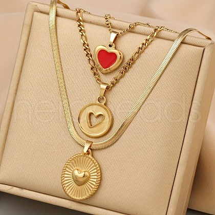 304 Stainless Steel Red Enamel Heart Pendant 3 Layer Necklaces for Women FS-WG3B4D3-01-1