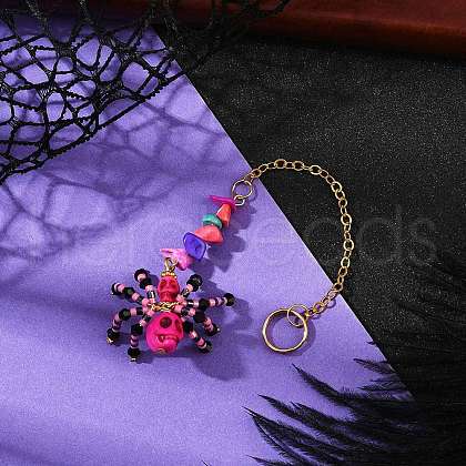Halloween Theme Spider & Skull Dyed Synthetic Turquoise & Glass Seed Beads Pendant Decorations HJEW-MZ00282-01-1