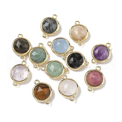 Brass Pave Natural Mixed Stone Faceted Flat Round Connector Charms G-U028-04G-1