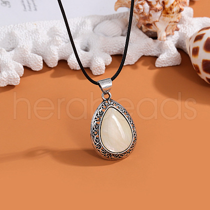 Alloy Pave Natural Shell Teardrop Pendant Waxed Cord Necklaces for Women FS-WG4C67D-05-1