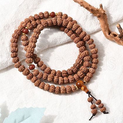 Buddhist Jewelry Prayer 108 Rudraksha Seed Mala Beads Necklaces NJEW-M102-02-1