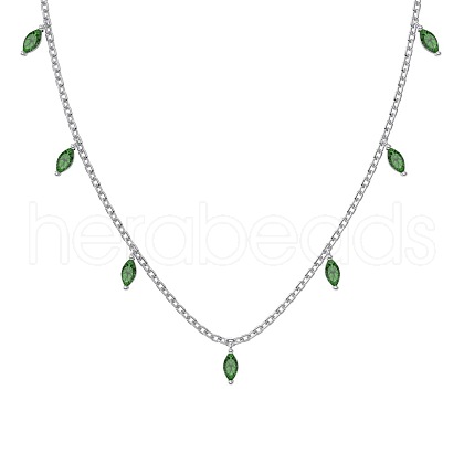 Rhodium Plated 925 Sterling Silver Pave Green Cubic Zirconia Cable Chain Horse Eye Tassel Necklaces for Women NJEW-Q342-13P-1