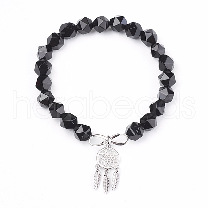 Natural Black Agate Beads Charm Bracelets BJEW-O162-D01-1