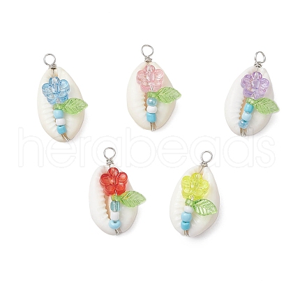 Natural Cowrie Shell & Acrylic & Glass Seed Beads Flower Shell Shaped Pendants PALLOY-JF03819-1