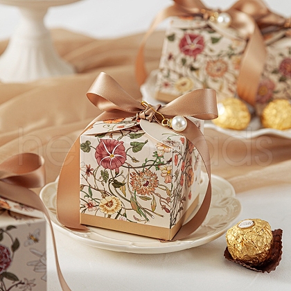 Flower Printed Paper Candy Gift Packaging Boxes with Ribbon PW-WG9702E-03-1
