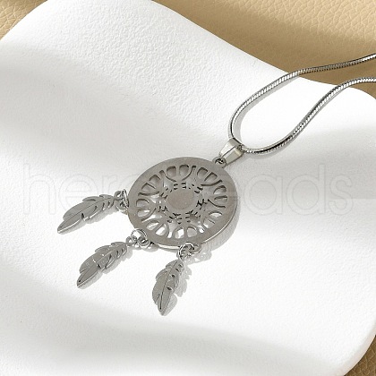 Bohemian 304 Stainless Steel Snowflake Woven Web/Net with Feather Pendant Necklaces NJEW-P327-07P-A-1
