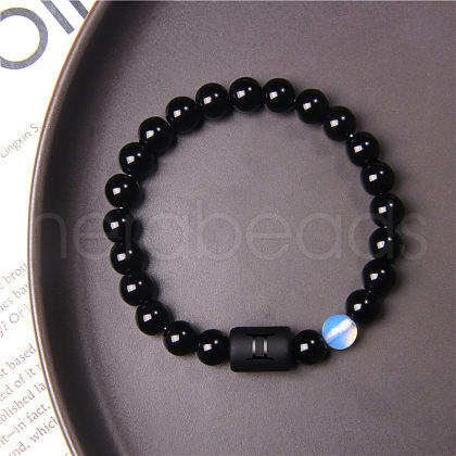 12 Constellations Protetion Aquamarine & Black Obsidian Round Beads Stretch Bracelets for Men Women WG083ED-12-1
