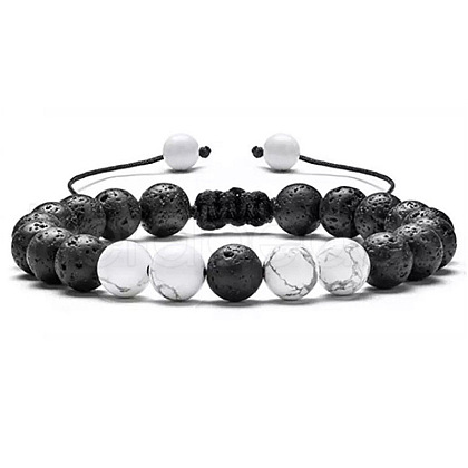 Adjustable Handstring Round Natural Howlite & Lava Rock Yoga Braided Bead Bracelets for Women Men LN5324-2-1