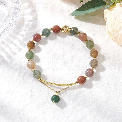 Natural Indian Agate Round Beaded Bracelets BJEW-JB11925-01-1