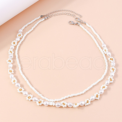 2Pcs Flower Glass Seed Beaded with Plastic Pearl Beaded Necklace Sets for Women FS-WGE85A7-20-1