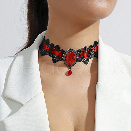 Gothic Alloy Rhinestone Black Lace Oval Choker Necklaces for Women FS-WG02494-01-1