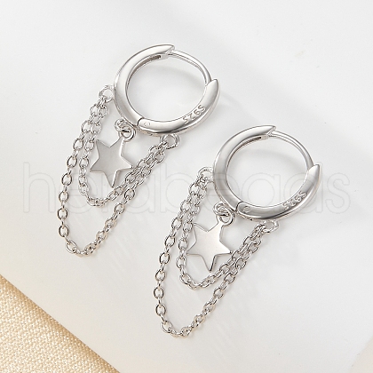 Anti-Tarnish Rhodium Plated 925 Sterling Silver Star & Chains Tassel Dangle Hoop Earrings for Women EJEW-F317-21P-1