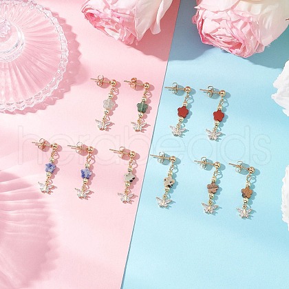Butterfly with Flower Brass Micro Pave Cubic Zirconia Dangle Stud Earrings EJEW-JE06427-1
