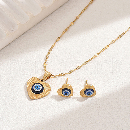 Vintage Stainless Steel & Plastic Heart with Evil Eye Stud Earrings & Pendant Necklaces Set for Women JC7248-1