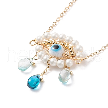 Shell Pearl & Lampwork Braided Horse Eye Pendant Necklace NJEW-TA00037-1