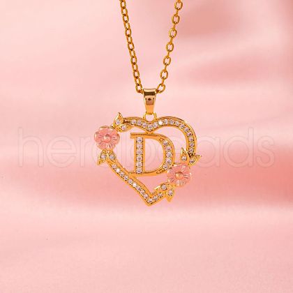Brass Crystal Rhinestone Hollow Rose Heart with Letter Pendant Necklaces for Women WGC1928-04-1