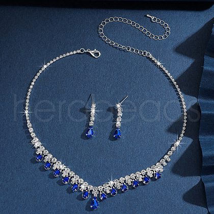 Teardrop Alloy Rhinestone Pendant Necklace & Stud Earring FS-WG7372C-01-1