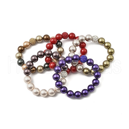 Round Shell Pearl Beads Stretchy Bracelets for Women BJEW-XCP0002-07-1