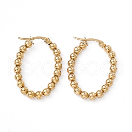 201 Stainless Steel Round Beaded Oval Hoop Earrings with 304 Stainless Steel Pins for Women EJEW-B016-08G-1