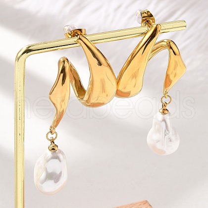 304 Stainless Steel Shell Pearl Stud Earrings for Women EJEW-U051-07G-1