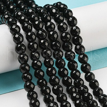 Faceted Round Natural Black Onyx Beads Strands G-S132-01-1
