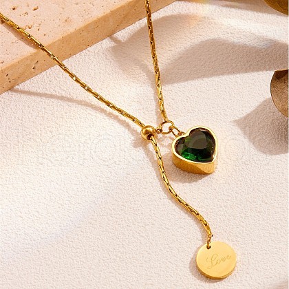 304 Stainless Steel Emerald Rhinestone Heart Slider Lariat Necklaces for Women FS-WGF69E1-01-1