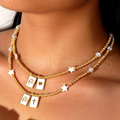2Pcs Brass & Imitation Pearl Faith Heart Cross Pendant Double Layer Necklaces YX9941-3-1
