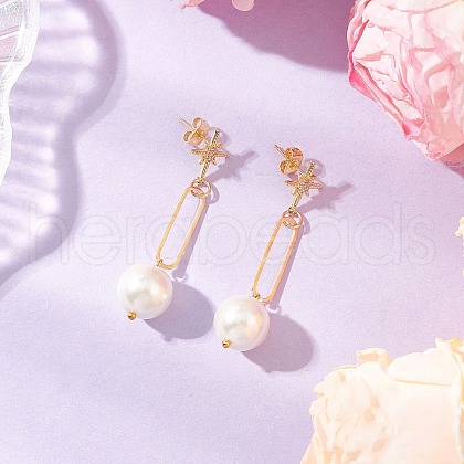 304 Stainless Steel Glass Star with Round Dangle Stud Earrings EJEW-JE06481-01-1