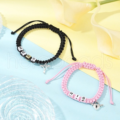 2Pcs 2 Colors Braided Korean Waxed Polyester Cord Adjustable Couple Bracelet Set BJEW-JB11627-1