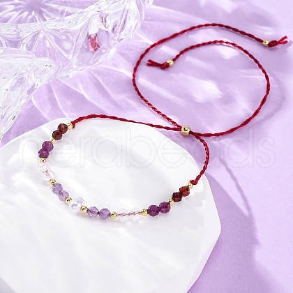 Faceted Round Natural Amethyst & Quartz Crystal Braided Bead Bracelets BJEW-F493-09G-05-1