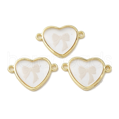 Rack Plating Brass & Resin Heart with Bowknot Connector Charm KK-Q009-01G-1