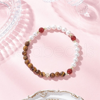 Shell Pearl Bead & Natural Tiger Eye Carnelian Round Beaded Bracelets for Women BJEW-JB11937-02-1