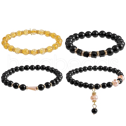 4Pcs 4 Style Synthetic Citrine & Natural Mashan Jade Stretch Bracelets Set with Glass Beaded BJEW-SW00105-01-1