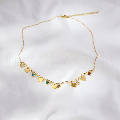 Light Luxury Stainless Steel Pave Colorful Cubic Zirconia Heart Tassel Bib Necklaces for Women Daily Wear GN8905-2-1