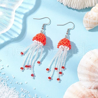 304 Stainless Steel Glass Seed Beaded Jellyfish Dangle Earrings EJEW-MZ00435-02-1