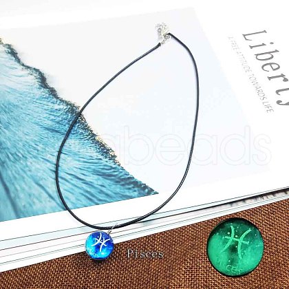 Zinc Alloy & Luminous Blue Glass Flat Round with Constellation Pendant Black Waxed Cord Necklaces WG9F396-01-1