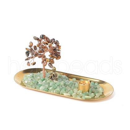 Natural Tiger Eye Money Tree Buddha Sculpture Set Incense Burner & Natural Green Aventurine on Trays for Wealth DJEW-G027-19RG-05-1