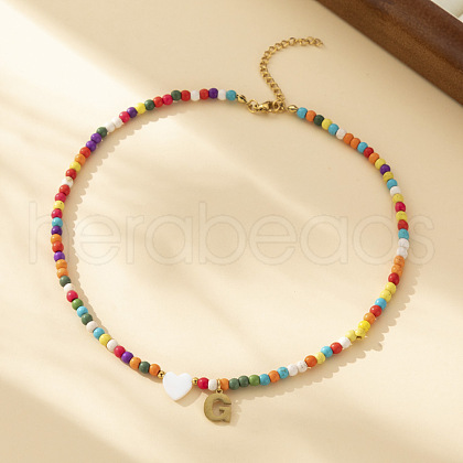 Heart Natural Shell & Colorful Glass Seed Round Beaded Necklaces FS-WGE10D5-07-1