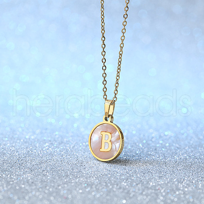 Flat Round Stainless Steel Pave Natural White Shell Initial Pendant Necklaces for Women FS-WG6FA45-02-1
