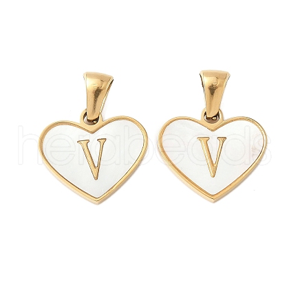 304 Stainless Steel Pave Natural White Shell Heart with Initial Slice Pendants STAS-R168-25G-V-1